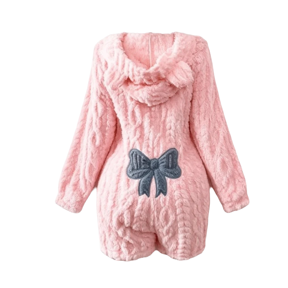 Cozy Hooded Jumpsuit Romper Nightwear Long Sleeve Bow Plush Romper Pajamas Bear Ear Warm Loungewear Bodysuit Night Wear