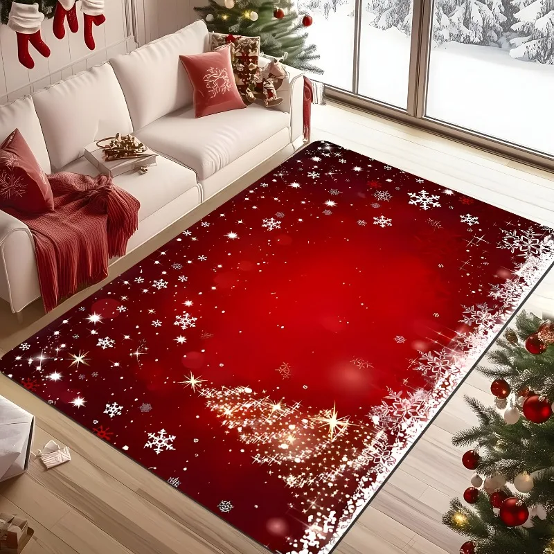 Pine Branch Bauble Star Christmas Area Rug Red Winter Sparkle Print Indoor Floor Rug Merry Holiday Area Carpet for Decoration