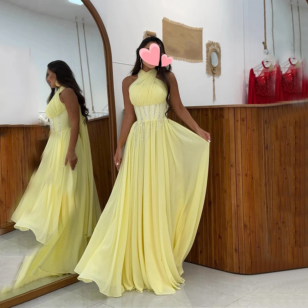 Customized Exquisite Chiffon Sash Rhinestone Criss-Cross Pleat A-line Halter Long Dresses Evening Dresses High quality Fashion