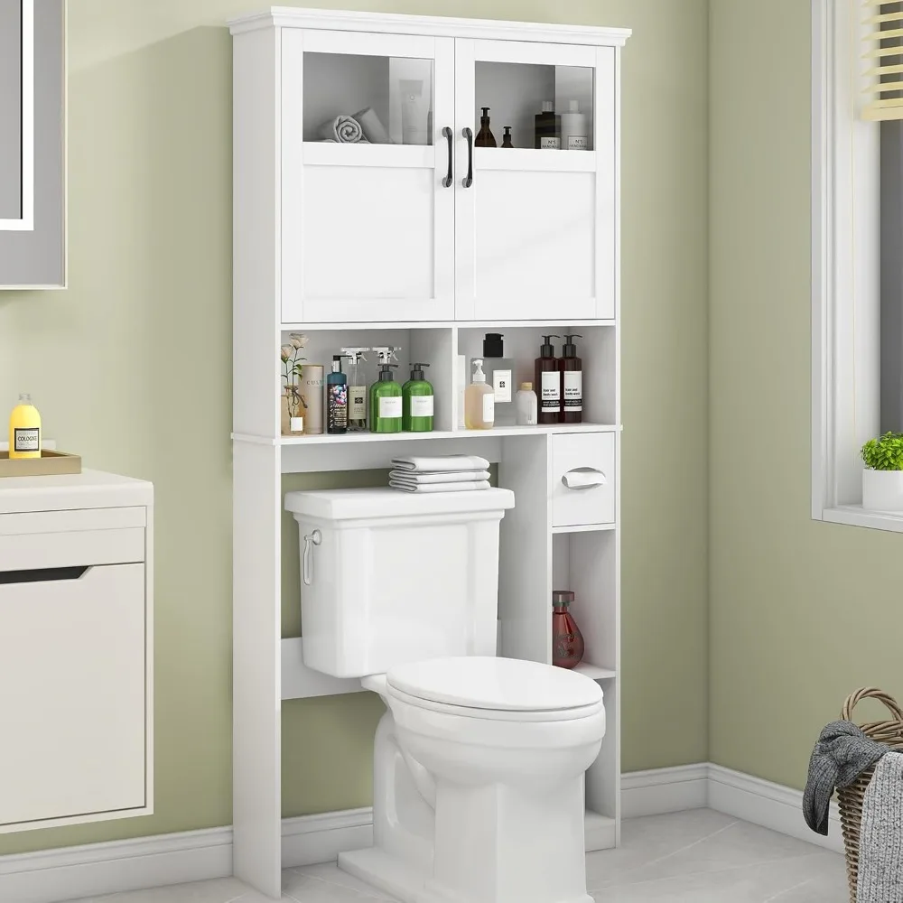 

Bathroom Cabinets Over The Toilet Storage Cabinet with Double Doors & Toilet Paper Holder Stand, Freestanding Toilet Organizer