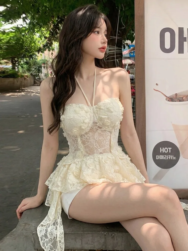 

Sexy Lace Crop Top Strapless Vest Summer Casual Vacation Style Spicy Girl with Chest Pad Hanging Neck Strap Shirt City Walk