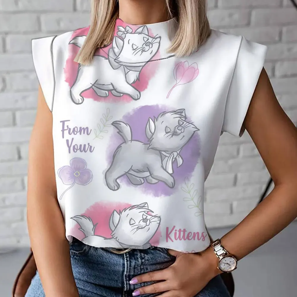 Letnia damska koszulka Hello Kitty damska koszulka z wysokim kołnierzem kreskówka modna wygodna damska koszulka z krótkim rękawem