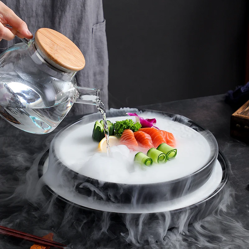 

Seafood fish raw dry ice plate tripe plate hot pot creative smoking mood, ceramic instant boiled fat beef and mutton roll plate