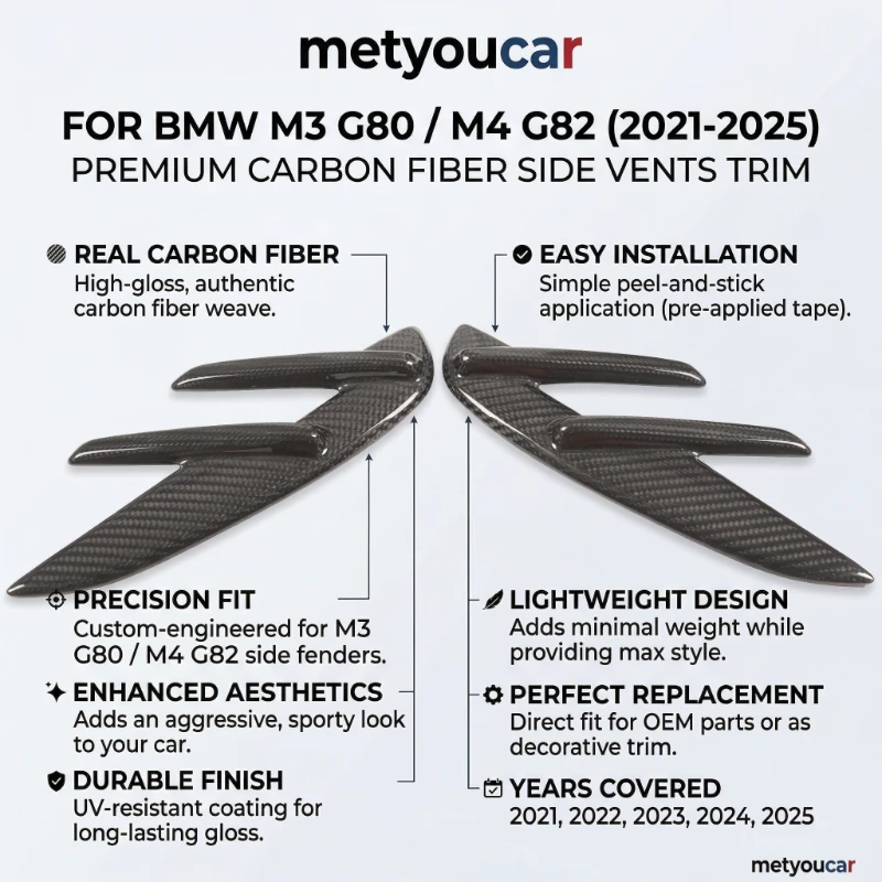 

Для BMW M3 M4 G80 G81 G82 G83 2021-2025: Накладки на боковые крылья из настоящего карбона, автомобильные аксессуары