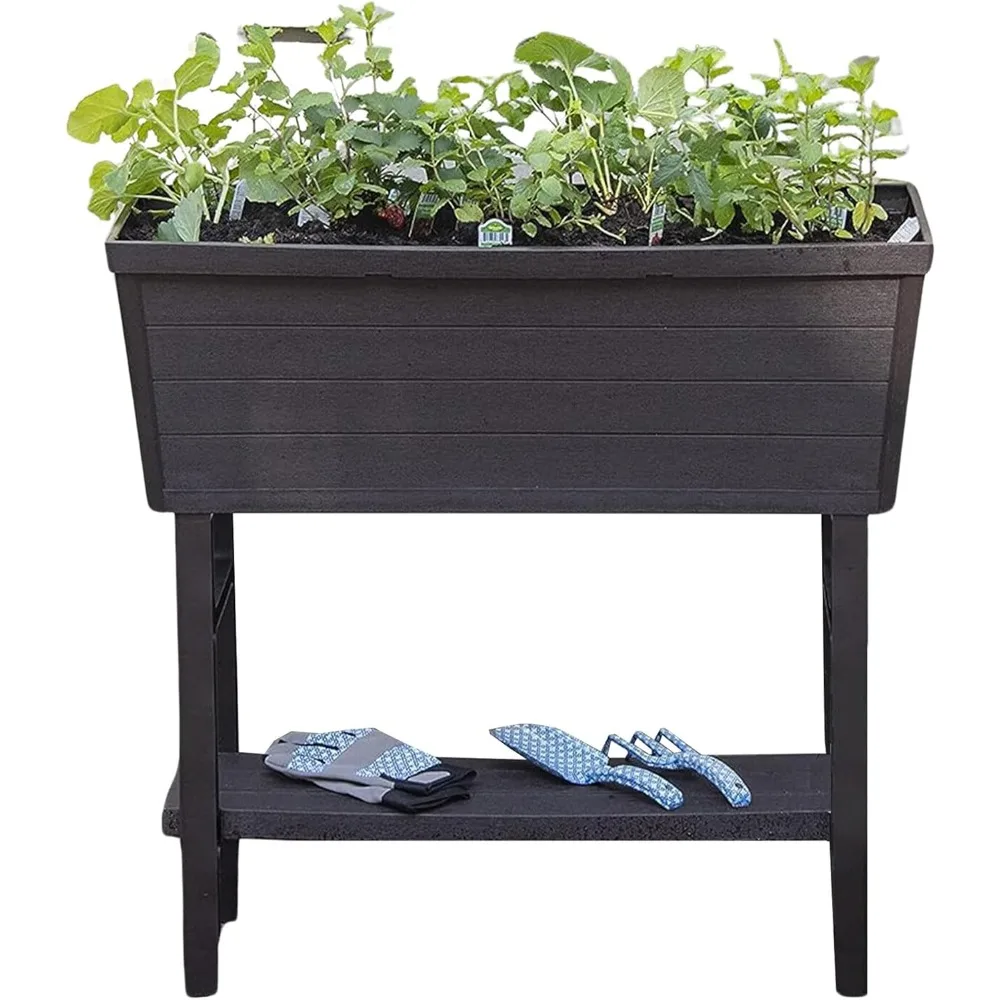 14,5 x 32,25 x 31,12 cala Podwyższona skrzynka na sadzarkę, podwyższone i odporne na warunki atmosferyczne łóżko ogrodnicze z tkanej wikliny z nogami i otworem odpływowym