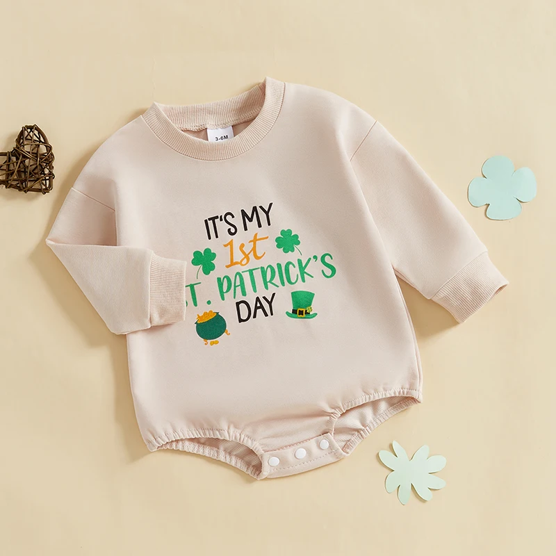 

0-18months Baby Boy Irish St. Patrick's Day Festival Romper Letter Shamrock Print Long Sleeve Crew Neck Bubble Bodysuit