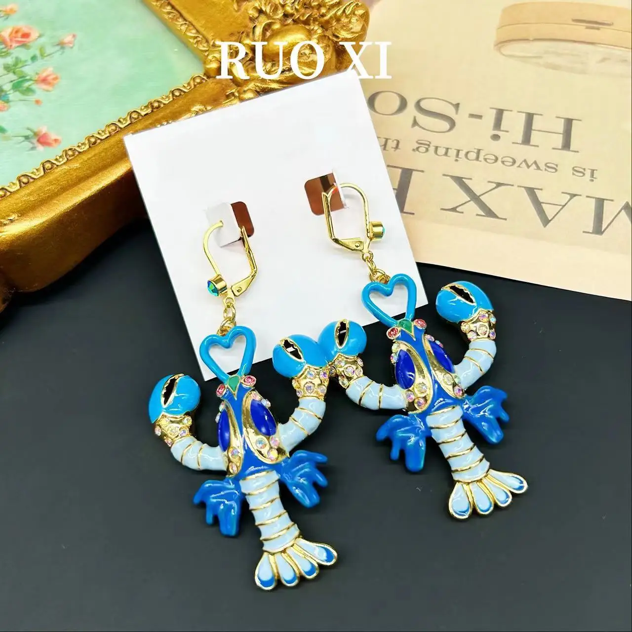 Mid-Ancient Ornament Vintage Enamel Colorful Blue Gold-Plated Diamond-Embedded High-Grade Light Luxury Earrings Lobster Ear Clip