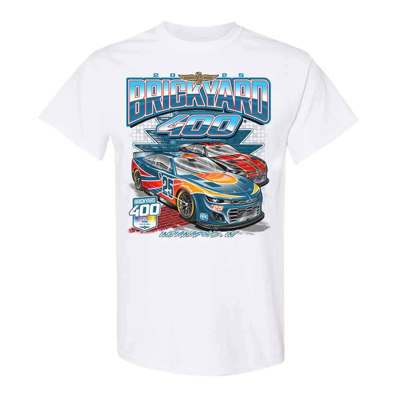 

Высококачественная футболка с короткими рукавами и круглым вырезом с принтом для The Brickyard 400 Starting Track в 2025 году