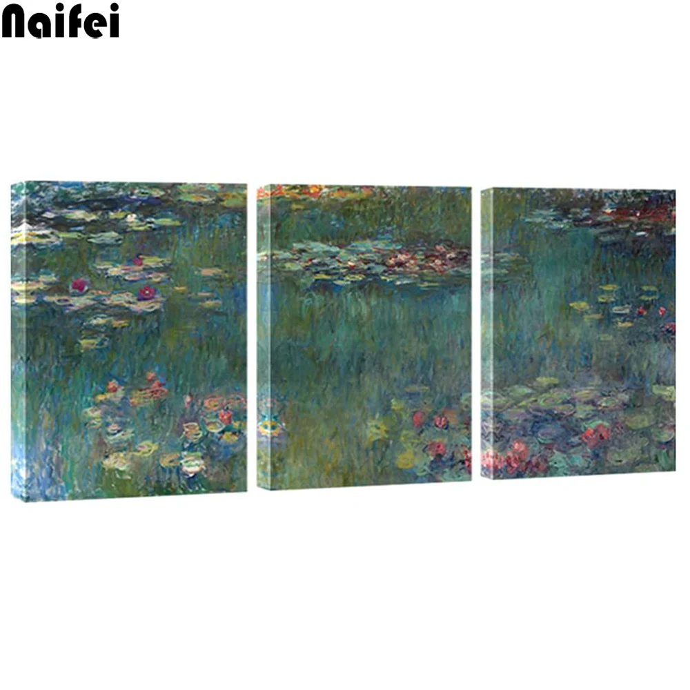 Water Lilies Diamond Painting Wall Art of Claude Monet  Reproduction Artwork 3 pcs Large Classic Flower Lake Pictures 3pcs/set