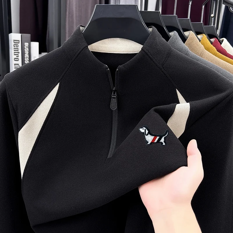 Fashion Trendy Half Zip Stand Collar Sweatshirt Autumn Winter Windproof Color Block Long Sleeve Tops Daily Casual Men's Clothing