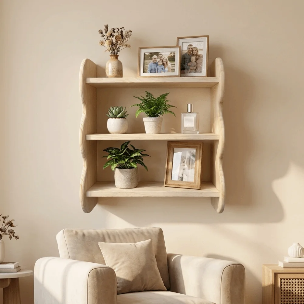 Wooden 3 Tier Wall Mounted Shelf Space Saving with Screws Wood Floating Shelf Large Capacity Cup Storage Rack for Living Room