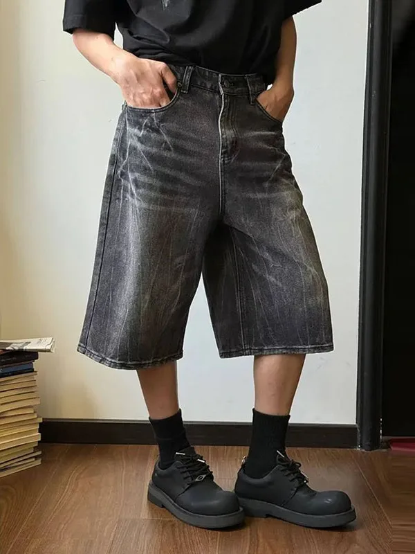 

American Retro Lightning Turtle Cra Denim orts Men's Loose Straight Leg High Street Wide Leg Seven orts Casual Jeans