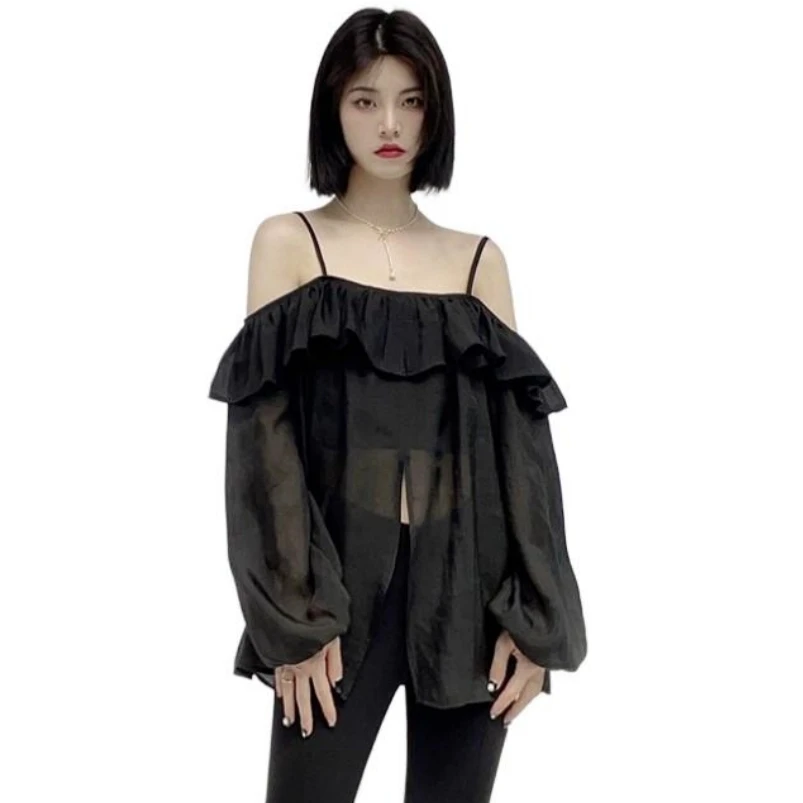 

Summer New Rayon Women's Sexy Slash Neck Shirts Ruffles Long Sleeves Loose Solid Color Lightweight ventilate Fashion Blouses