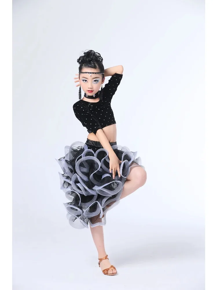 Children's bright diamond tassel Latin dance dress performance suit new girl's cha cha denim national standard Sambassa clothing