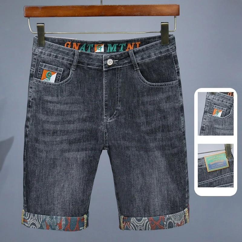 

Embroidery Fashion Mens Denim Shorts Summer Streetwear Trendy Elastic Short Jeans Personality Bermuda Straight Short Pants Male