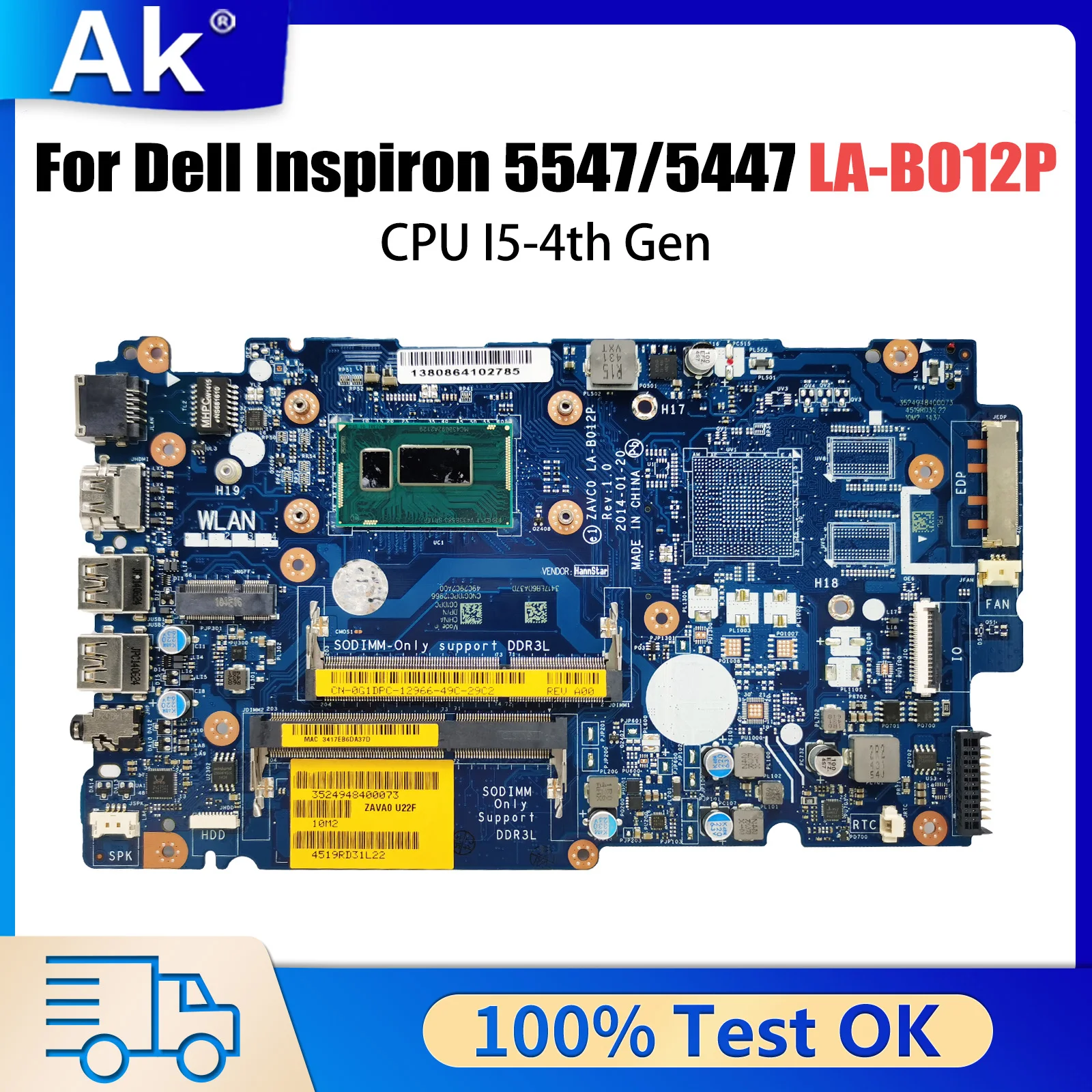 ZAVC0 LA-B012P For Dell Inspiron 5447 5547 5548 5442 5543 5542 Laptop Motherboard CPU I5-4th Gen V2G Tested Good