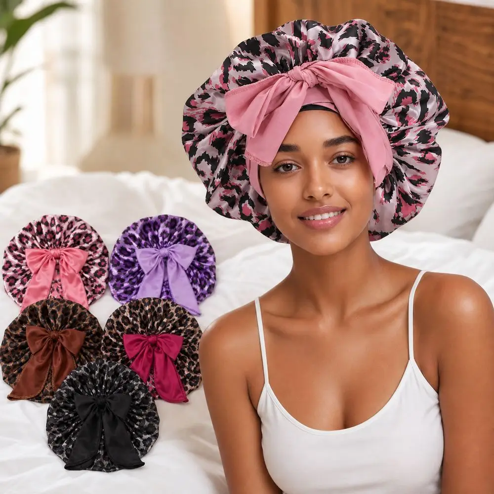Silk Imitation Leopard Print Sleep Cap Breathable Comfortable Bowknot Decoration Ribbon Sleep Bonnets Sleeping Hat Hair Care