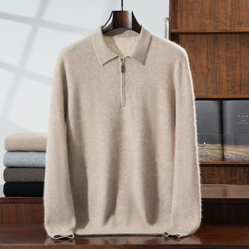 100% Cashmere Polo Sweater Autumn Winter Men's Smart Casual Long Sleeve Pullover Cashmere Knitwear Soft Comfy Clothing Tops