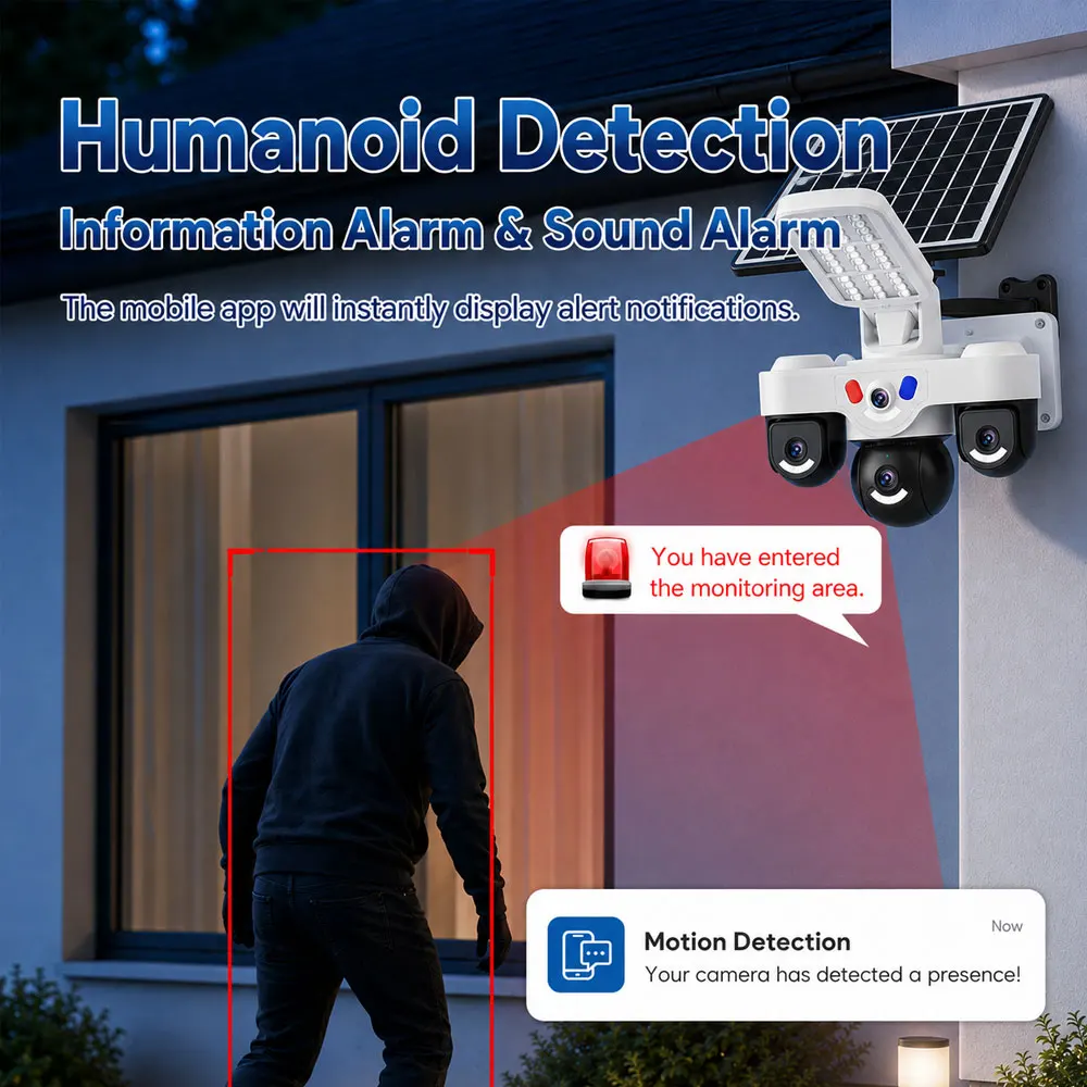 8W 12000MAh Battery 4G SIM Card AOV Solar Camera 15MP Triple Lens Outdoor Security PTZ Camera 10X PTZ Zoom Color Night Vision