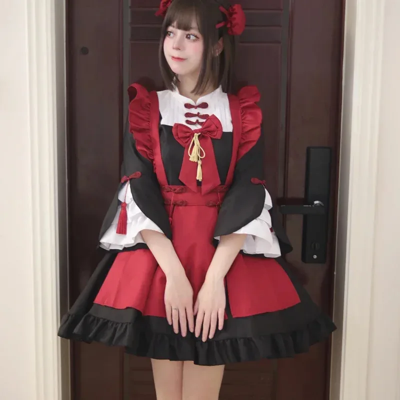 الأحمر فتاة فستان خادمة تتجه الفتيات خادمة ملابس تنكرية للحفلات S -5XL القوطية لوليتا فستان خادمة الشيطان الصغير أنيمي تأثيري حلي