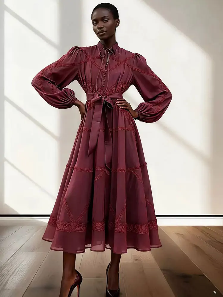 

Retro 2026 spring new V-neck fashion design sense stitching wood ear long-sleeved dress with suspenders and loose fluffy skirt w
