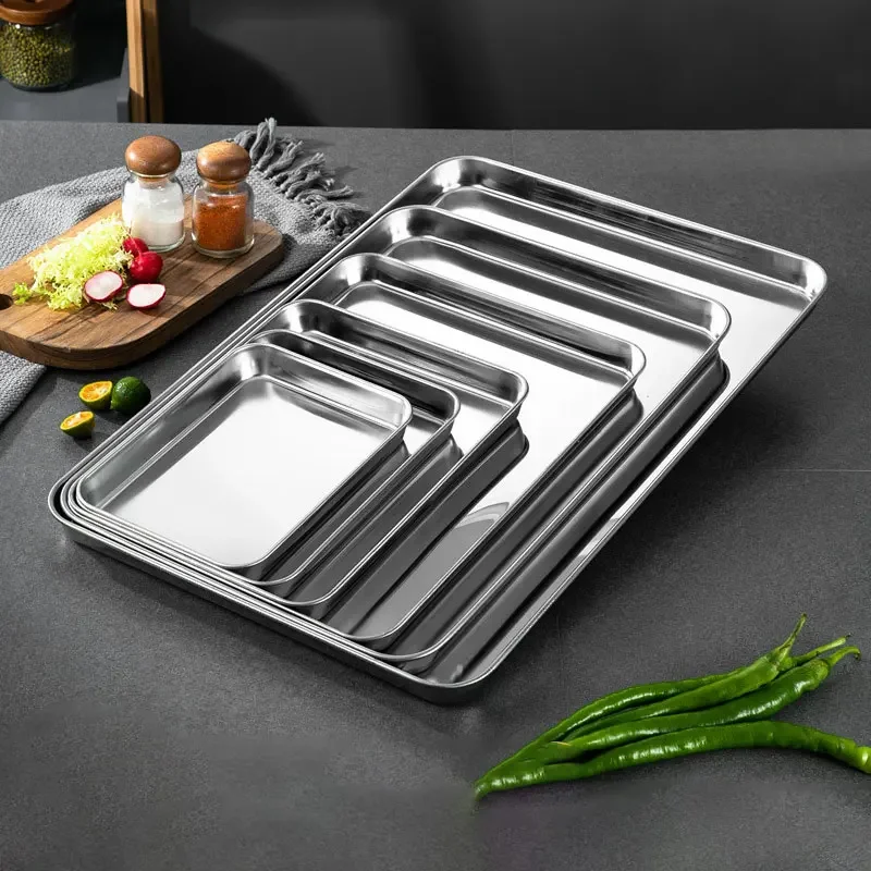

Kitchen Rectangle Stainless Steel Food Storage Serving Trays Sausage Noodles Fruits Dish Restaurant Hotel Metal Dinnerware Plate