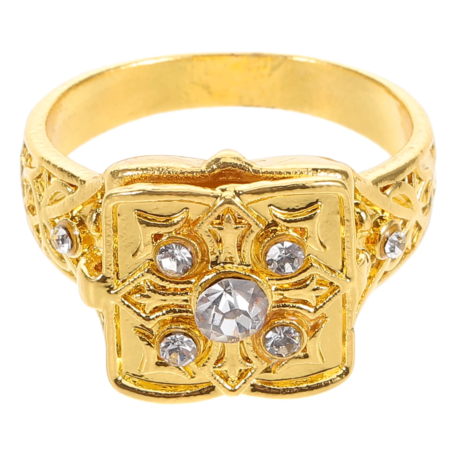 

Man's Vintage Carved Ring Adjustable Flip-Top Micropaved Rhinestones Secret Locket Hidden Compartment Unique Engagement Wedding