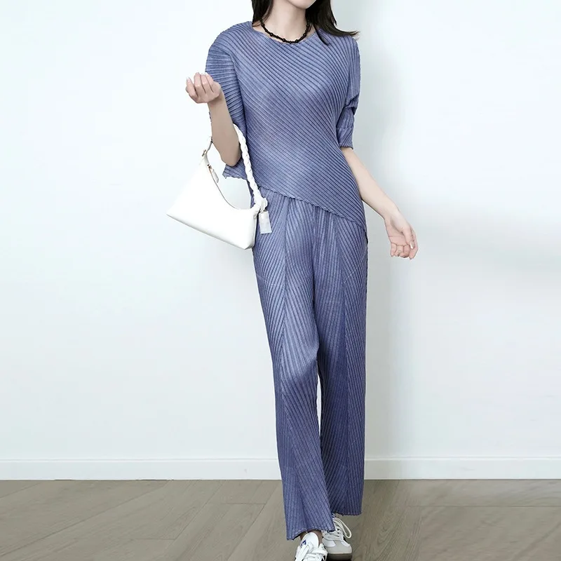  Pleated Women T-Shirt 2026 New Round Neck Casual Comfortable Long Sleeve Top Straight-Leg Pants Set Plus Size Elasticity