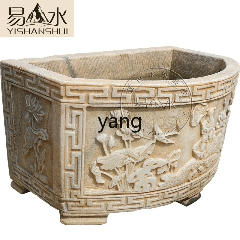 

Lmm Fish Tank Chinese Style Carved Stone Basin Courtyard Fish and Flower Half Round Tank Home Decor