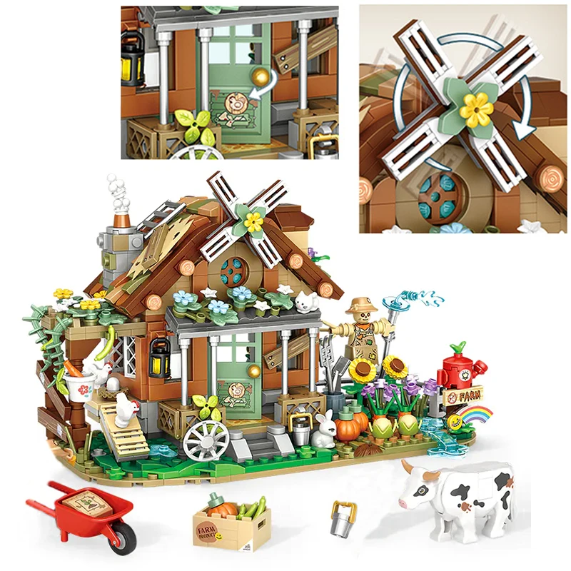 LOZ Creative Windmill Farm House Animal Homeland Building Block Moc Farm Cabin Garden Cart Cow Toys Assembly Brick For Kids Gift