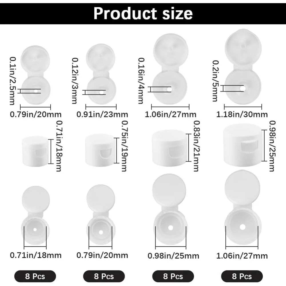 32Pcs 4 Sizes Smooth Flip Top Dispensing Cap White Replacement Bottles Emptying Caps Reusable Plastic Leak-Proof Snap Top Plug