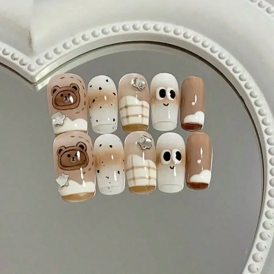 24Pcs Autumn Winter Bear Plaid Nails, Cute Reusable No Glue, Daily Party, Free Shipping