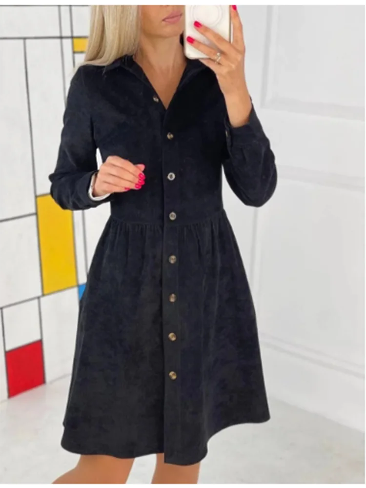 Button Lapel Long Sleeved Solid Color Dress Women's Loose Shirts Dresses Casual Elegant Style Autumn Dresses