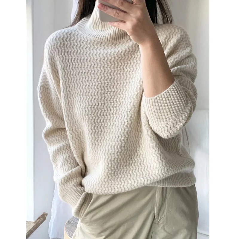 Wave pattern turtleneck cashmere sweater female autumn winter thickened languid lazy loose pullover sweater wear bottom knit