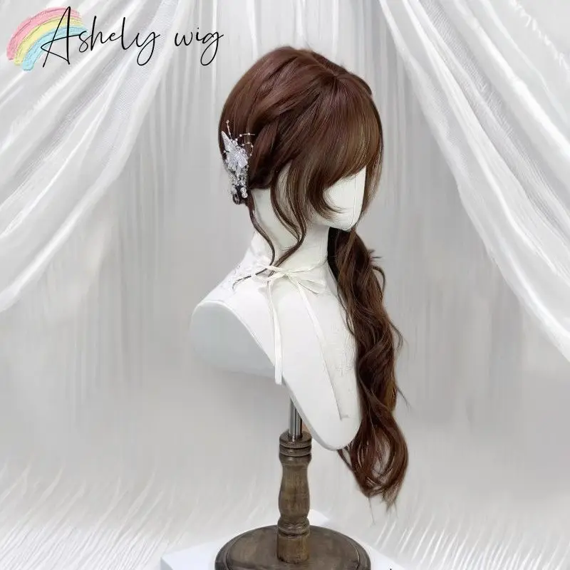 Peluca marrón con flequillo de 26 pulgadas, ondulada larga para mujer, estilo japonés, chocolate antiguo, rizada larga y suave 2