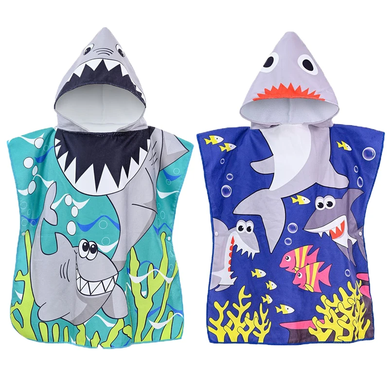 Microfiber Swim Washcloth Kid Hooded Poncho Beach Bath Towel Shark Pattern Quick Dry Changing Cape Bathrobe Child Swimming Towel