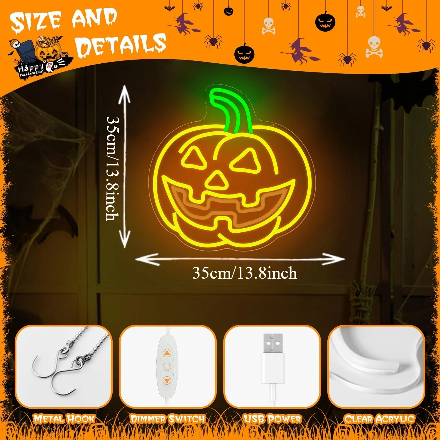 Pumpkin Jack O Lantern Neon Sign USB Powered LED Neon Light Halloween Party Home Bar Bedroom Christmas Decoration Gift