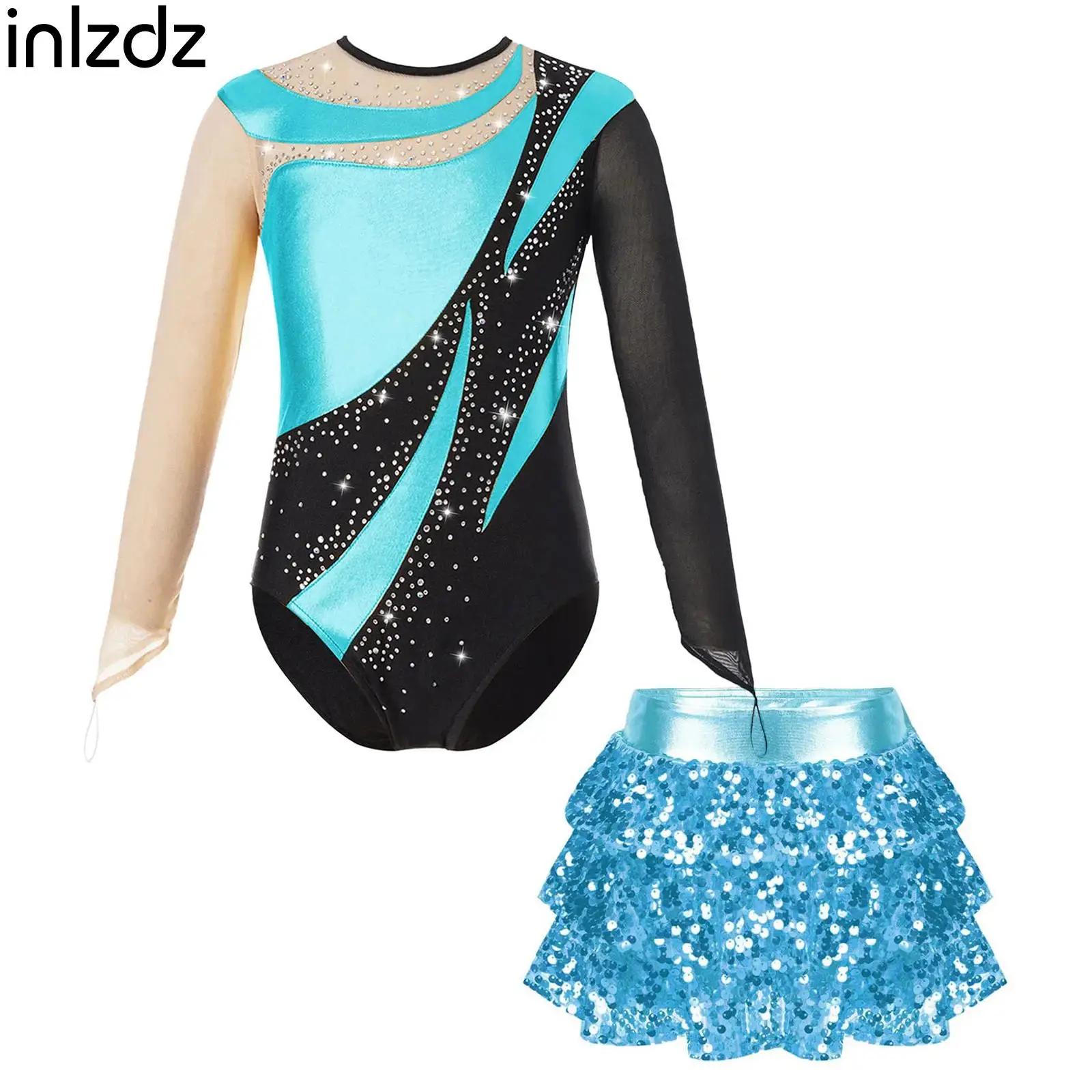 

Child Girls Figure Skating Performance Outfits Ballet Gymnastics Dancewear Long Sleeve Leotard with Shiny Sequins Skirted Shorts
