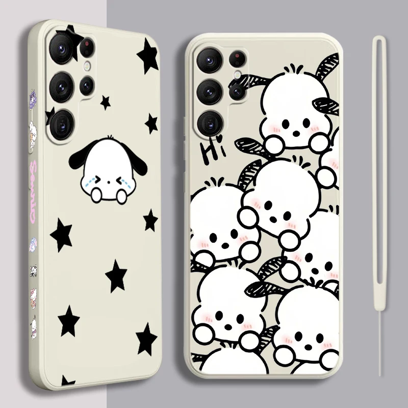 Cute Pacha Dog Sanrio Liquid Left Rope For Samsung Galaxy S24 S23 S22 S21 S20 FE S10 Ultra Plus Lite 5G Cover TPU Phone Case