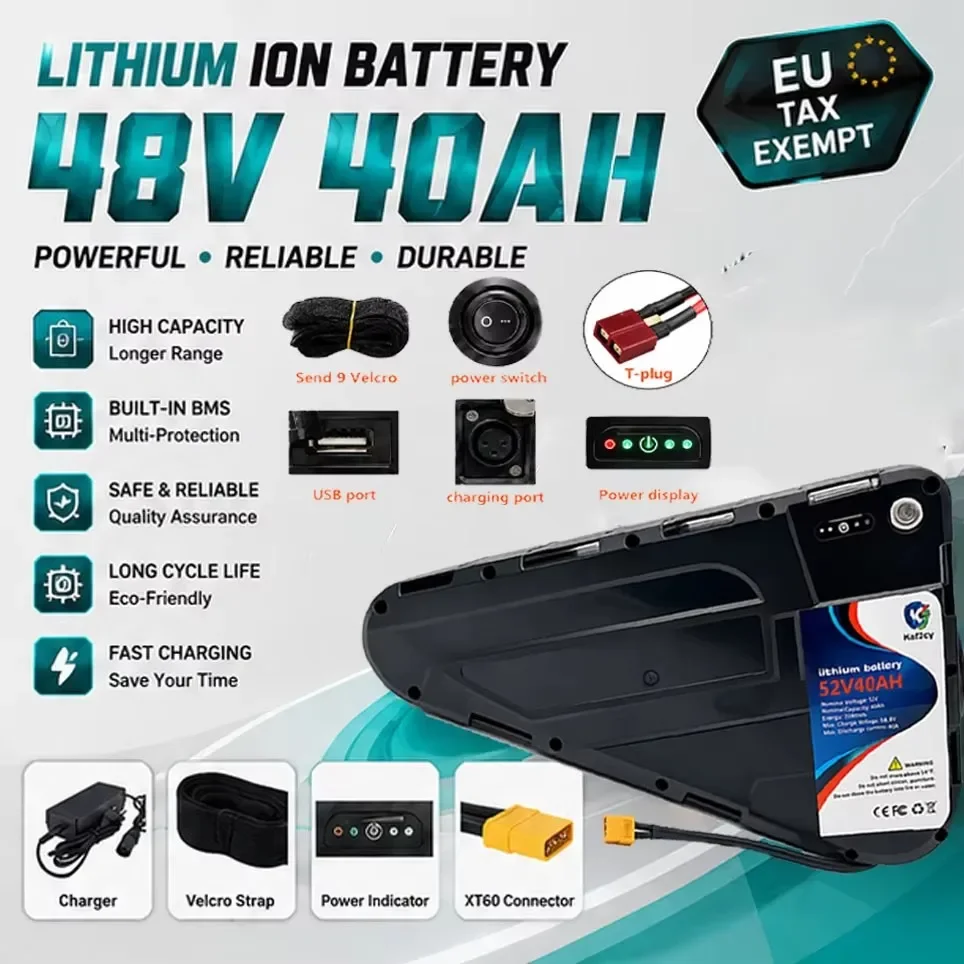 Batteria triangolare per bicicletta elettrica a ioni di litio, 48V 40AH, con celle 21700 ad alta capacità e sistema BMS, compatibile con motori da 500W a 3000W per biciclette da montagna.