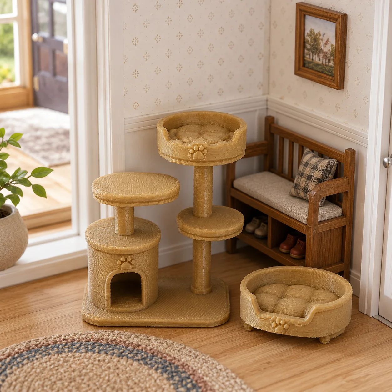 Miniature cat climbing frame and cat bed set model, mini multi-level cat villa, doll house pet scene display accessory