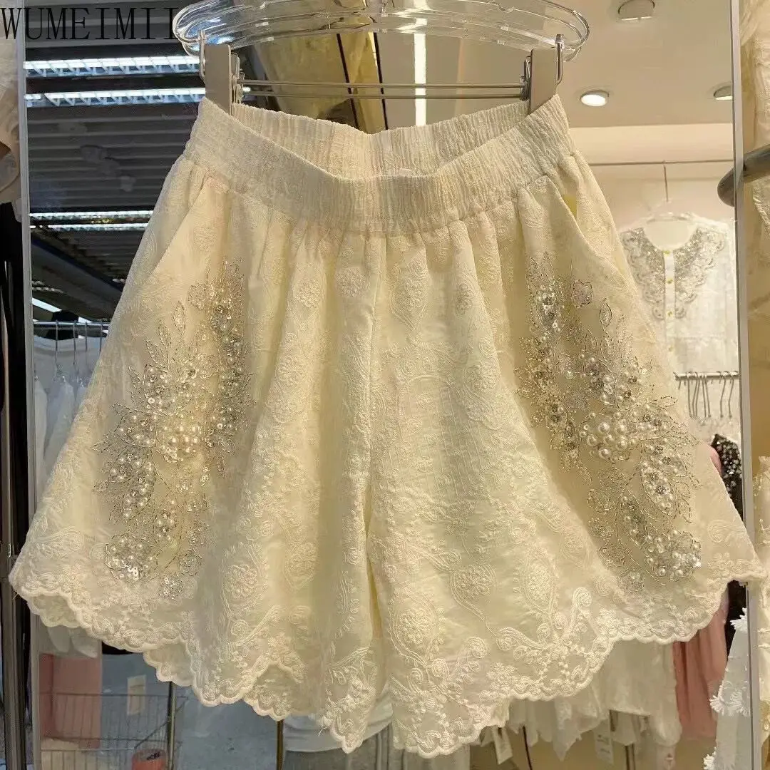 

Beaded lace casual shorts summer new large size high waist loose and thin lace wide leg hot pants