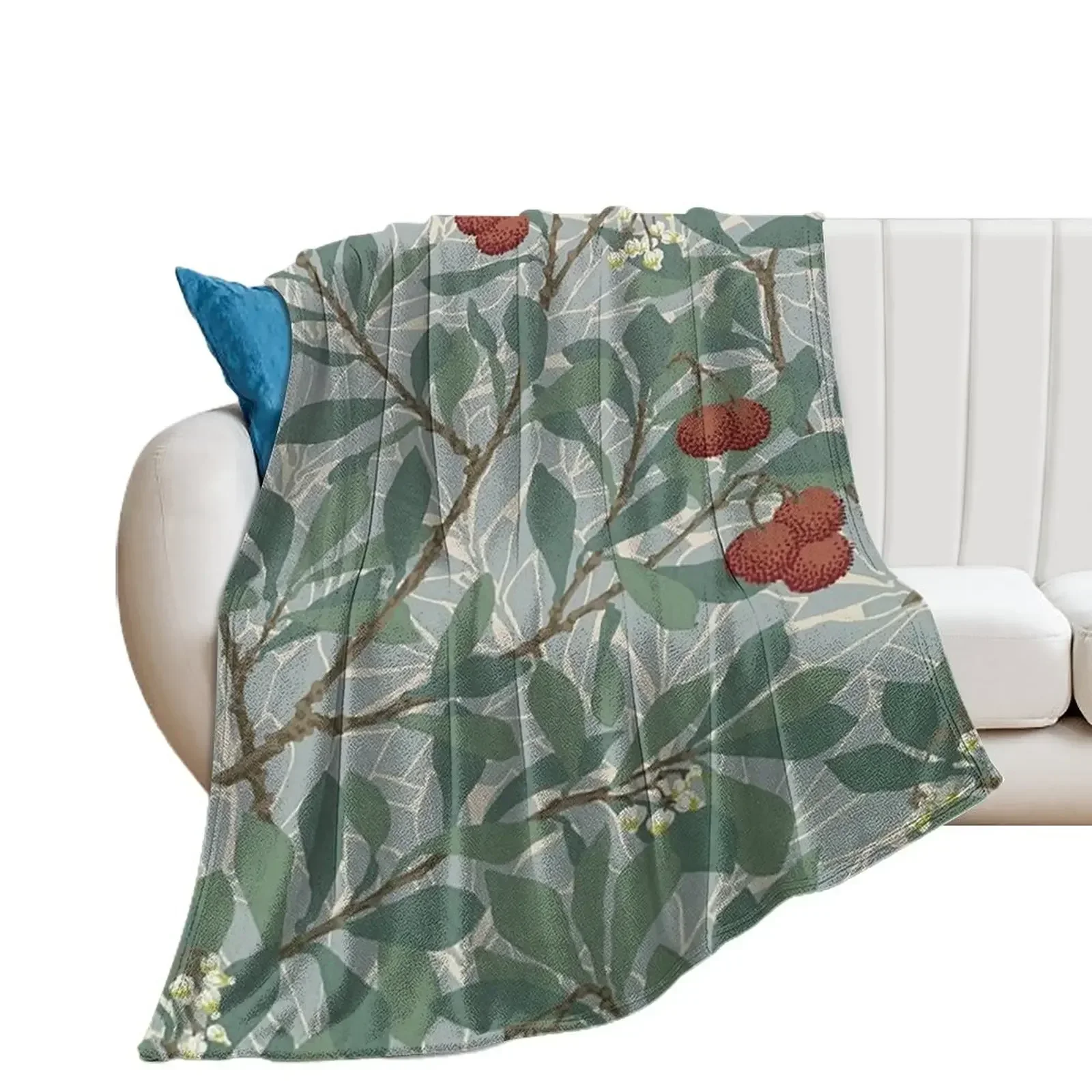 William Morris Green And Red Arbutus Pattern-Vintage Botanical Leaves -Victorian Wallpaper, Throw Blanket Furry Blankets