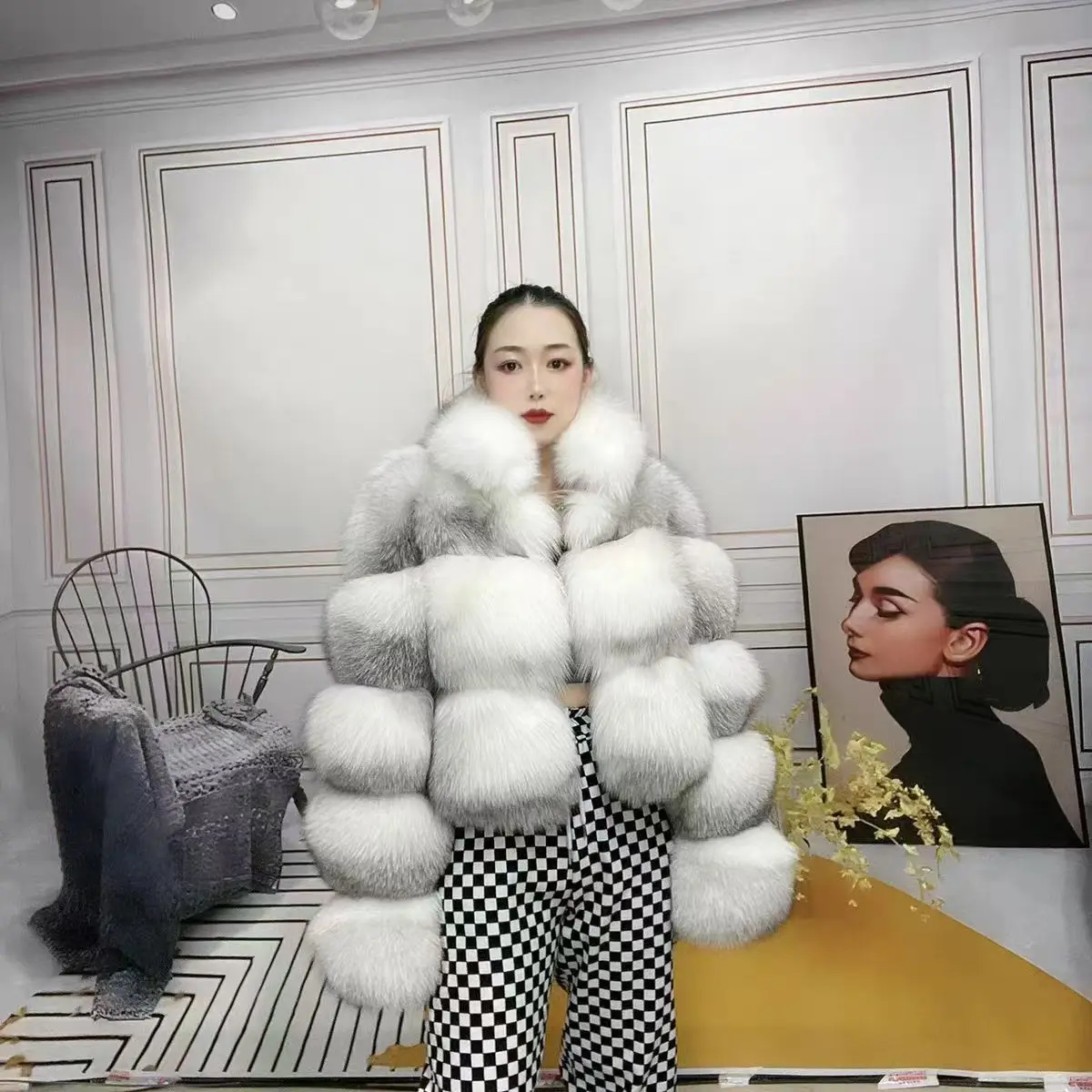 Cross fox coat, white fox coat, real fox fur coat, whole fox skin made women's fur coat, fur women's clothing