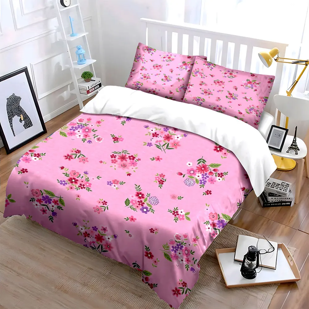 Bright floral pattern on pink background Bedding Set for Kids Luxury Gift 3pcs Digital Print Comforter Set Soft Comfortable