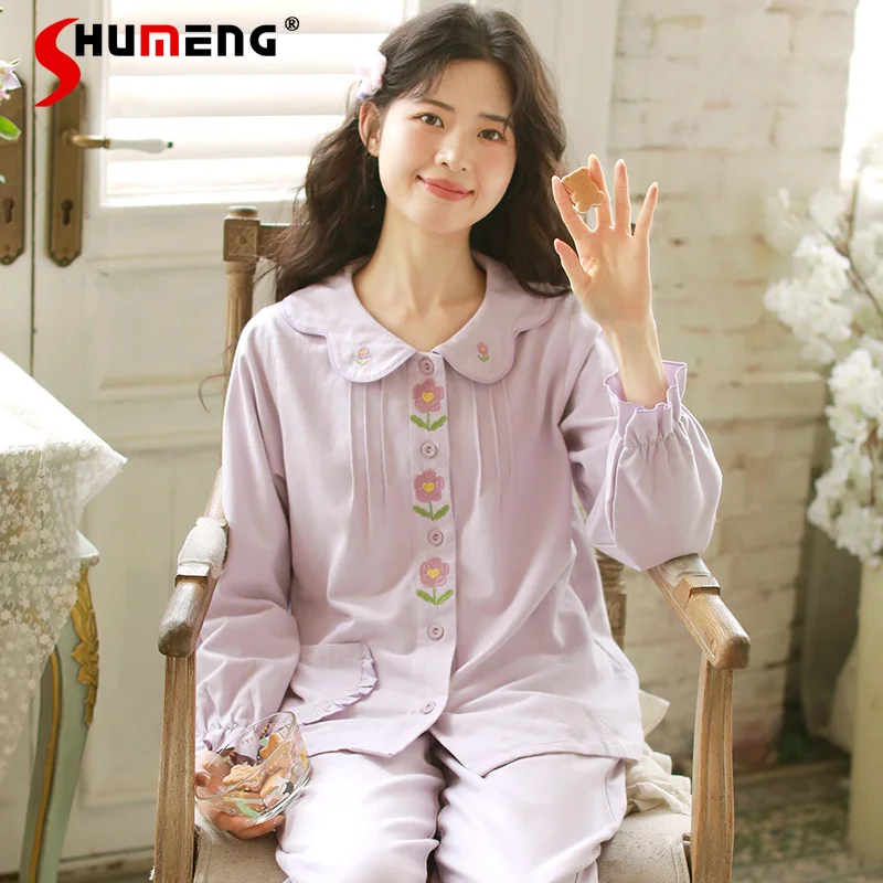 

Spring Autumn Pure Cotton Flannel Pajamas for Women Sweet Long Sleeve All Cotton Homewear Set Female Japanese Loungewear
