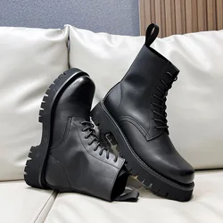 Summer 2023 New Youth Round Toe High Top Boots Mid-barrel Heel Leather Platform Retro Motorcycle Boots Combat Boots Cowboy Boots