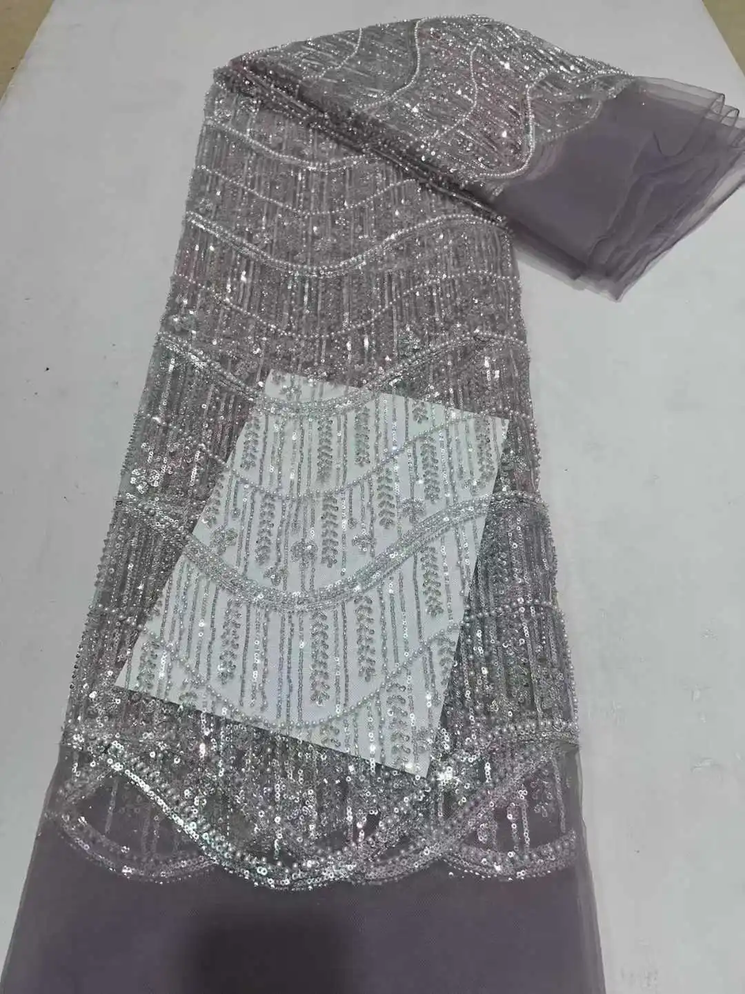 

Elegant French sequin beaded mesh lace fabric 2025 High Quality African Nigerian mesh Sparkly wedding Party dress Women fabric