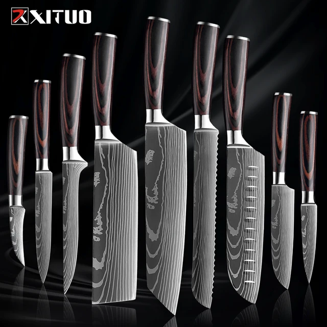 XITUO Zestaw noży kuchennych 1-9PCS, 7Cr17Mov Ostry nóż szefa kuchni ze stali nierdzewnej Nóż Santoku Nóż do owoców Ergonomiczny uchwyt Pakkawood