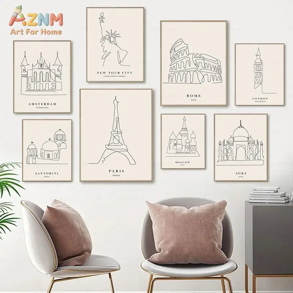 AZNM One Line Sketch World Famous Landmark Canvas Poster, Frameless Minimalist City Building Outline Print Wall Art For Neutral